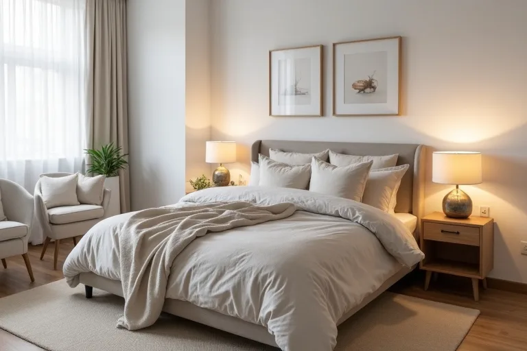A calm, balanced bedroom with neutral bedding, soft lighting, and simple decor that feels finished and cozy.