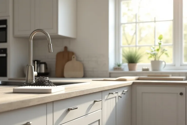 A lived-in kitchen with a brushed nickel pull-down faucet, cabinet hardware, and a budget planner notebook for deciding between a refresh and remodel.
