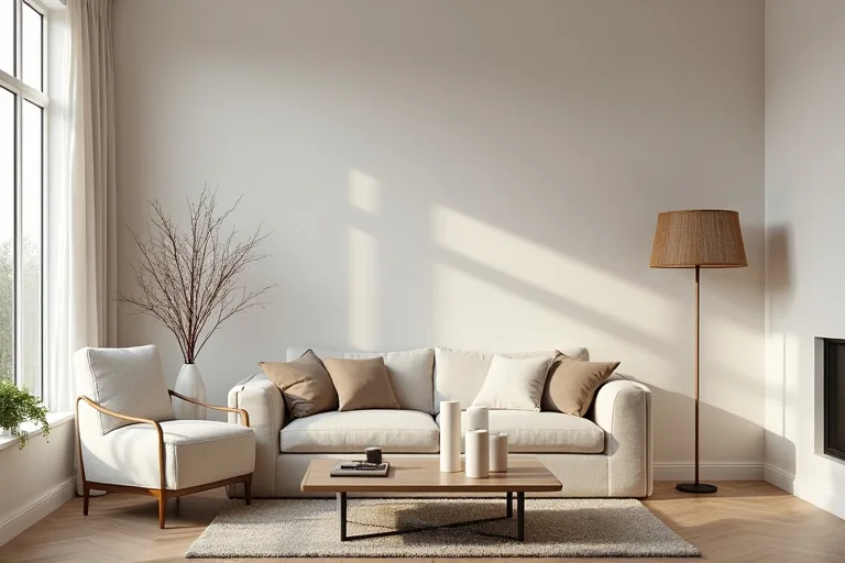 A calm modern living room with a boucle accent chair, simple neutral furniture, and modern candle holders on the coffee table