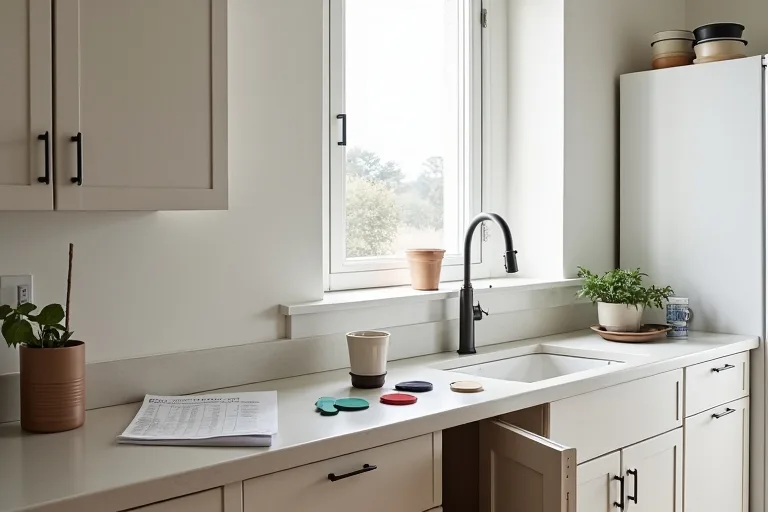 A modest kitchen during a budget-conscious refresh with a brushed nickel pull-down faucet, cabinet hardware, paint swatches, and a budget planner on the counter.