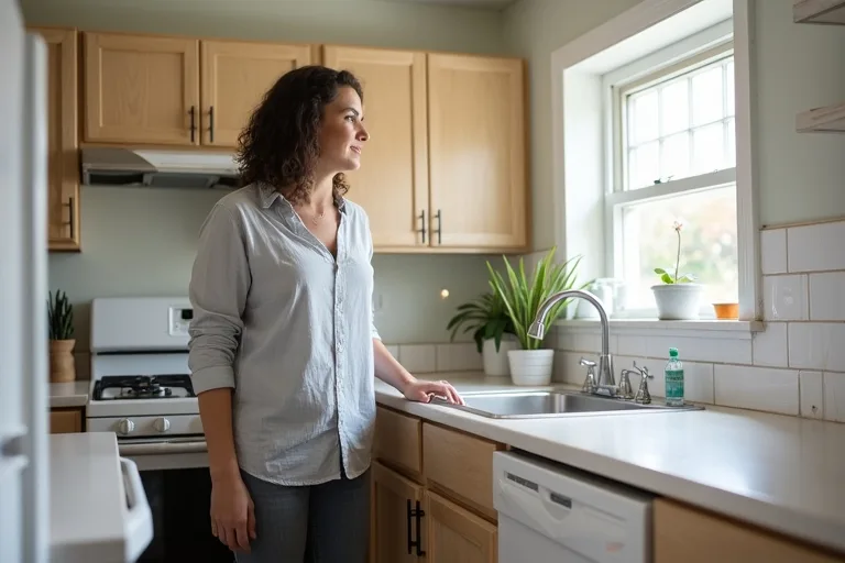 A lived-in kitchen with brushed nickel faucet and neutral cabinets, showing a practical space being considered for a refresh or remodel