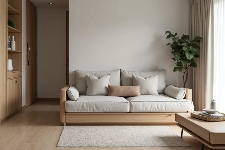 A bright studio apartment with a smart layout, clear walking space, and compact storage furniture that helps the room feel bigger.