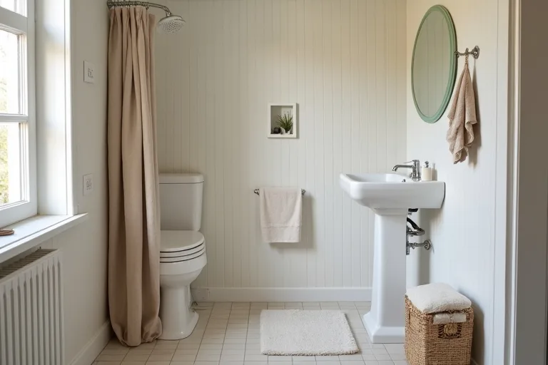 A small bright bathroom with neutral styling, a fabric shower curtain, and practical storage that makes the room feel more open.