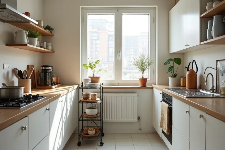 A small bright kitchen with simple storage, a rolling cart, and clear prep space