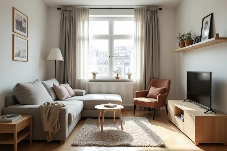 A small studio apartment with compact furniture arranged in a tight layout that shows how the room can feel smaller than it is