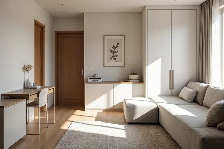 A small studio apartment with clearly defined sleeping and living zones, compact furniture, and practical storage.