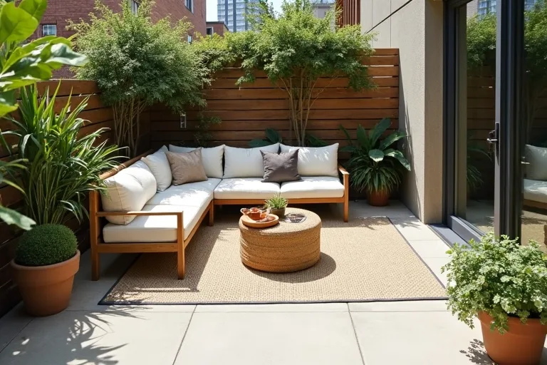 A small patio with a compact seating area, outdoor rug, and open walking space that feels organized and easy to use.