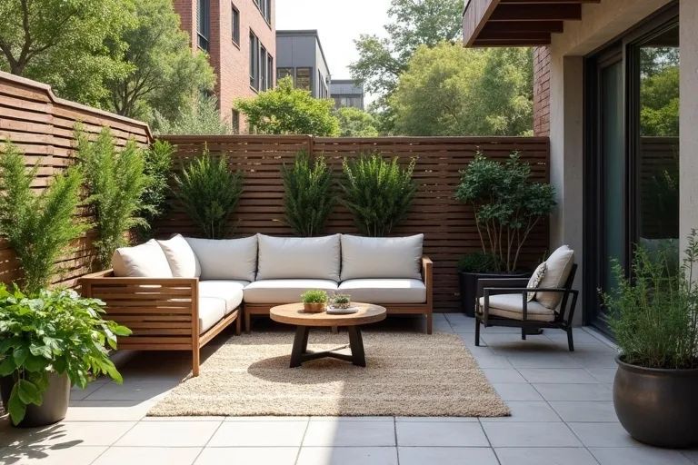 A small patio with a compact seating area, outdoor rug, and clear walking space