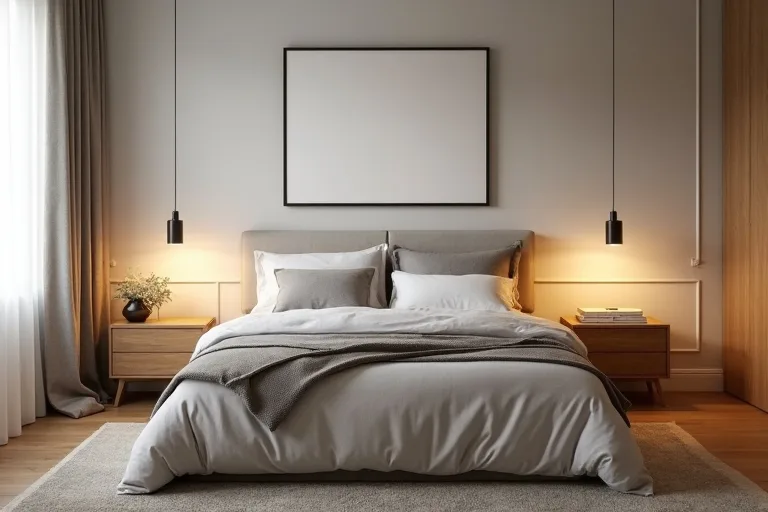 A calm bedroom with balanced bedside lamps and nightstands, showing layered lighting that feels soft and practical.