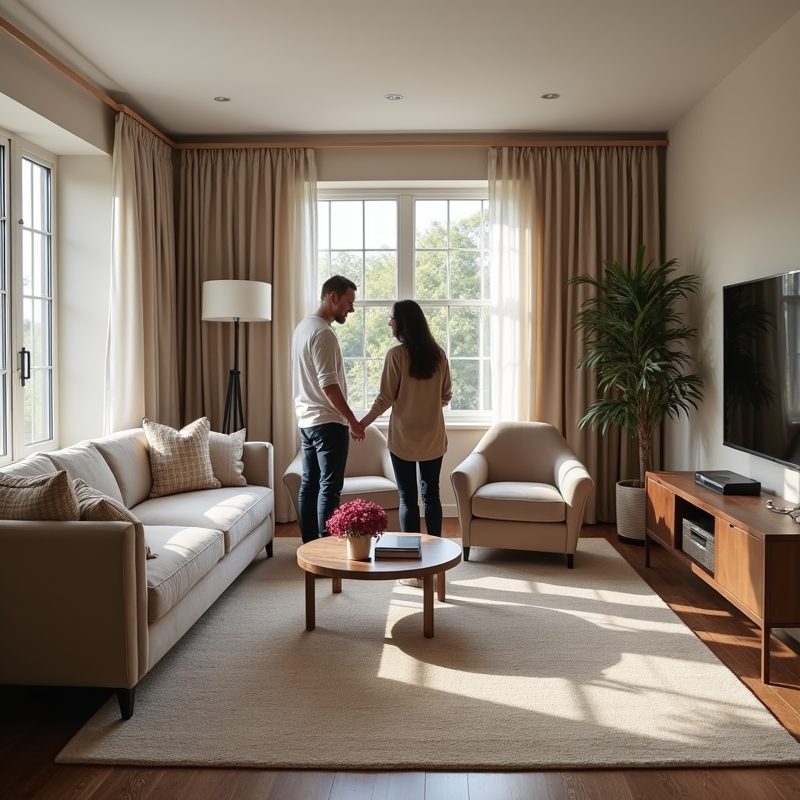 Well-balanced square living room with sofa, chairs, rug, and TV wall