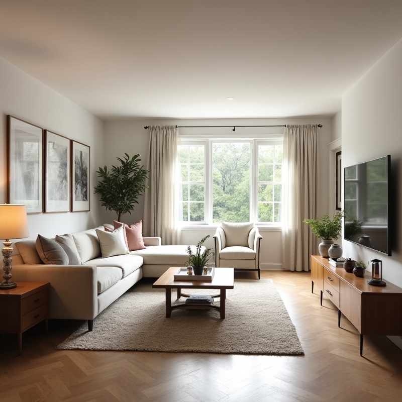 Bright rectangular living room with balanced sofa and chair layout