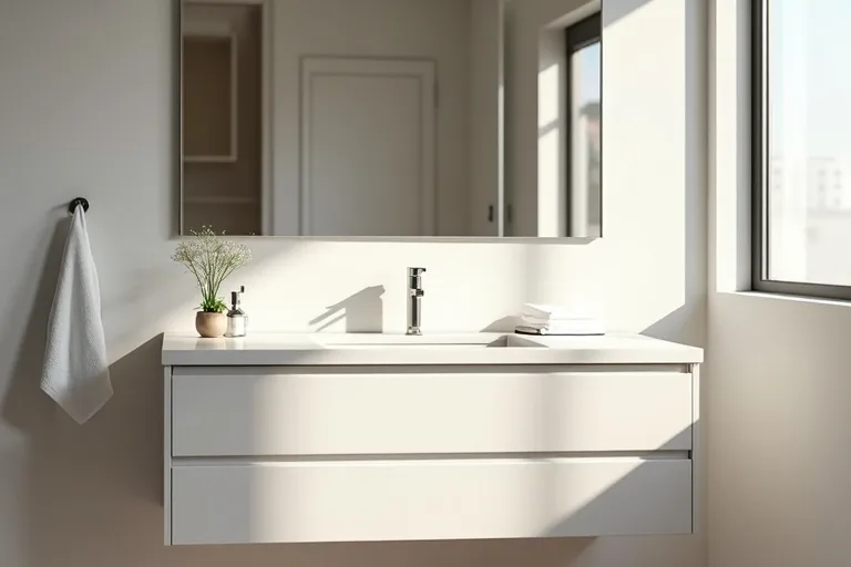 A simple framed bathroom mirror that complements a calm vanity and neutral finishes