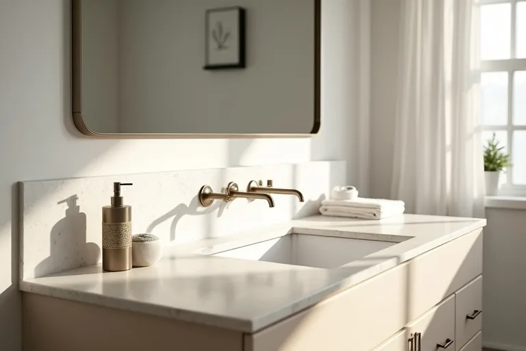A well-positioned bathroom mirror that shows how a simple shape can feel balanced above the vanity