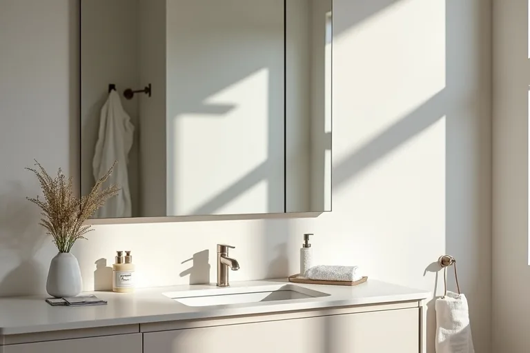 A bright bathroom layout with a mirror that suits the vanity zone and keeps the room feeling open