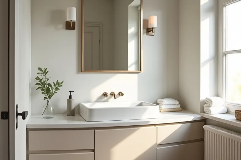 A bathroom vanity area showing how mirror scale and countertop styling work together