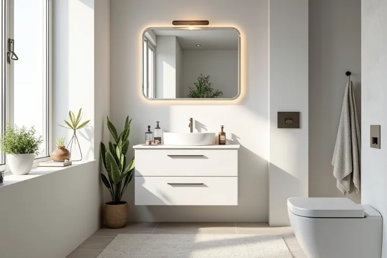 A bathroom layout view showing why drawer and door clearances matter around a vanity.