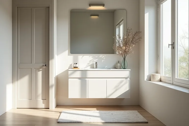 A proportionate bathroom mirror above a compact vanity in a bright everyday bathroom