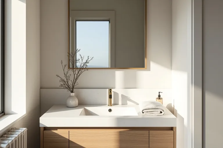 A calm bathroom vanity styled with a mirror, simple accessories, and restrained countertop clutter