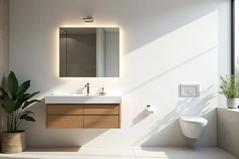 A vanity mirror and faucet arrangement that shows balanced proportions and useful lighting.