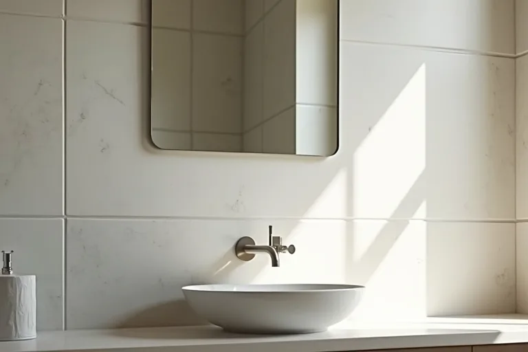 A practical bathroom vanity with countertop space that helps show how mirror sizing affects balance