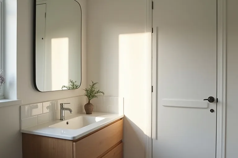 A bathroom vanity wall where mirror proportion needs to be considered against the sink and countertop