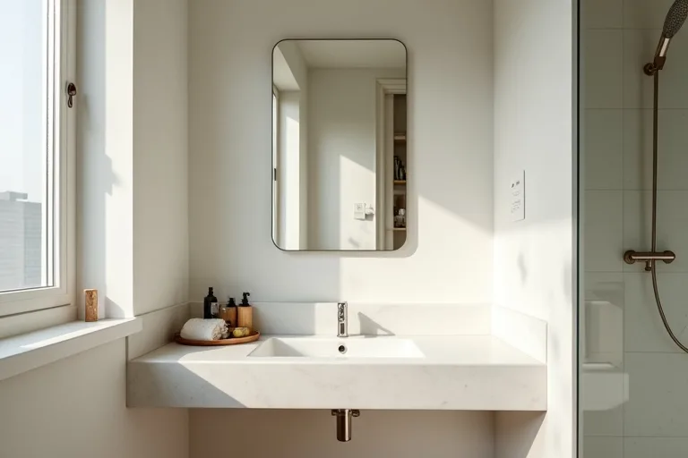 A calm bathroom vanity scene that highlights how mirror placement and lighting need to stay in balance