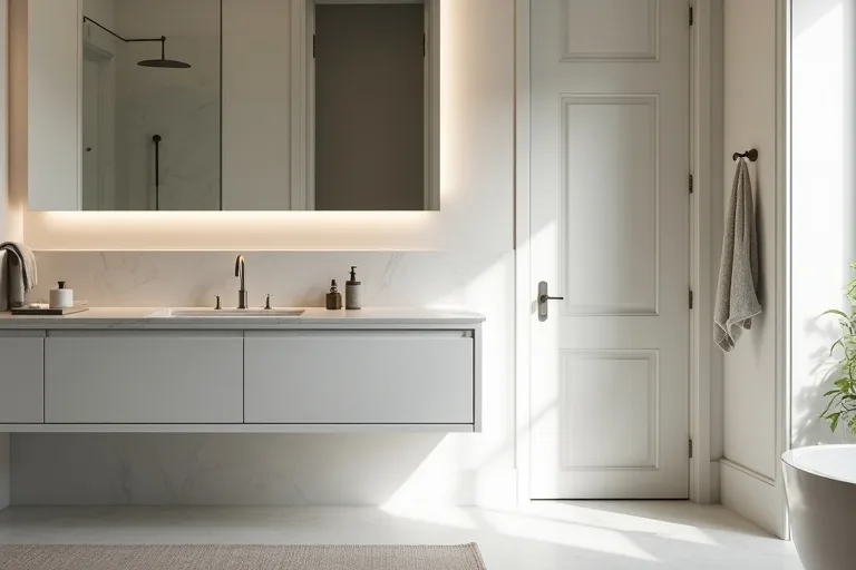 Modern bathroom vanity with coordinated mirror, faucet, and lighting for everyday use