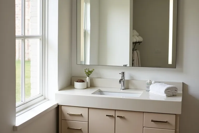 Calm bathroom vanity setup with simple countertop storage and a bright everyday feel