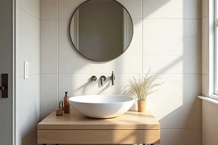 A simple round bathroom mirror above a sink showing how a modest update can freshen the vanity area