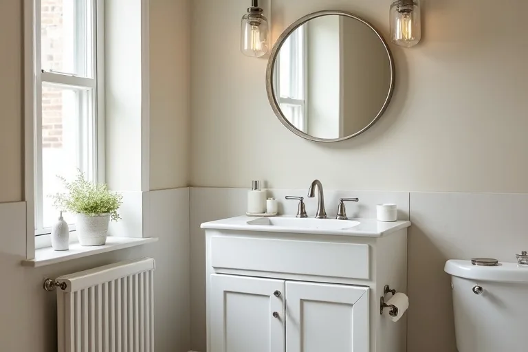 A modest bathroom vanity with a simple mirror and brushed nickel faucet in a calm, practical home setting
