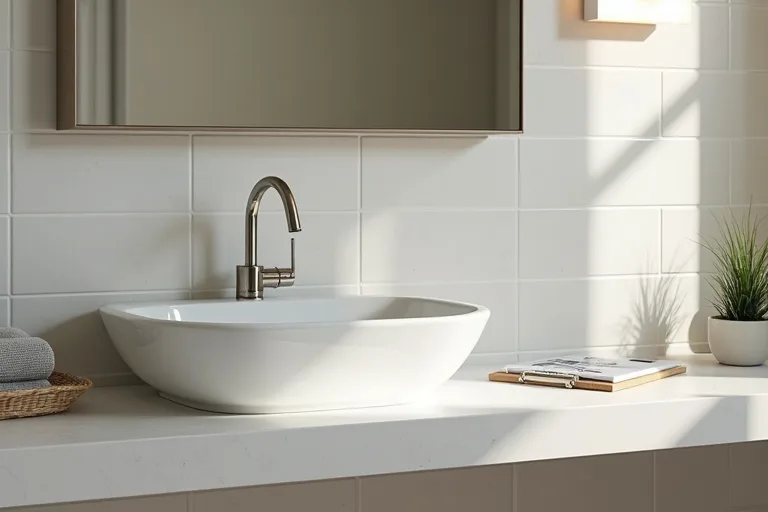 A calm bathroom vanity scene showing a practical faucet and lighting update as part of a remodel plan.