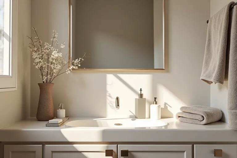 A practical bathroom vanity zone with a simple mirror and tidy counter, showing a low-cost refresh approach.