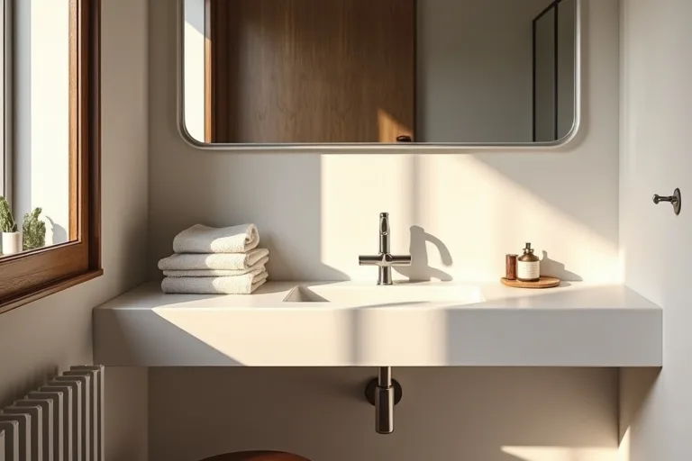 A modest bathroom vanity area with balanced lighting and simple styling for a budget-conscious refresh.