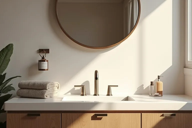 A clean bathroom vanity with a practical faucet upgrade and calm styling, suggesting a more noticeable fixture change.