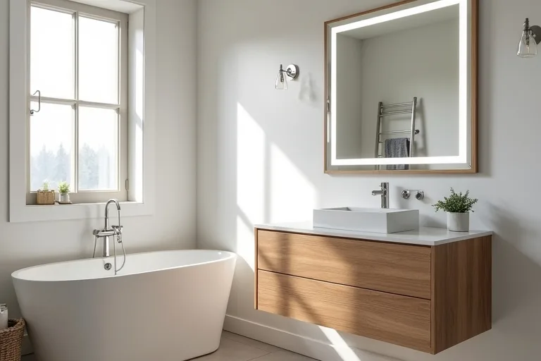 A calm bathroom vanity setup with a lighted mirror, brushed nickel faucet, and practical accessories in a realistic home bathroom.