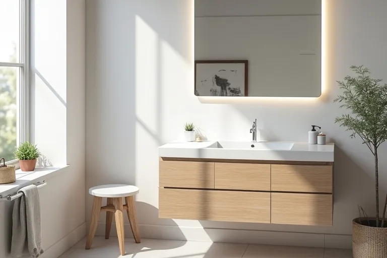 A mid-sized bathroom vanity planned for correct width, depth, and room clearance.