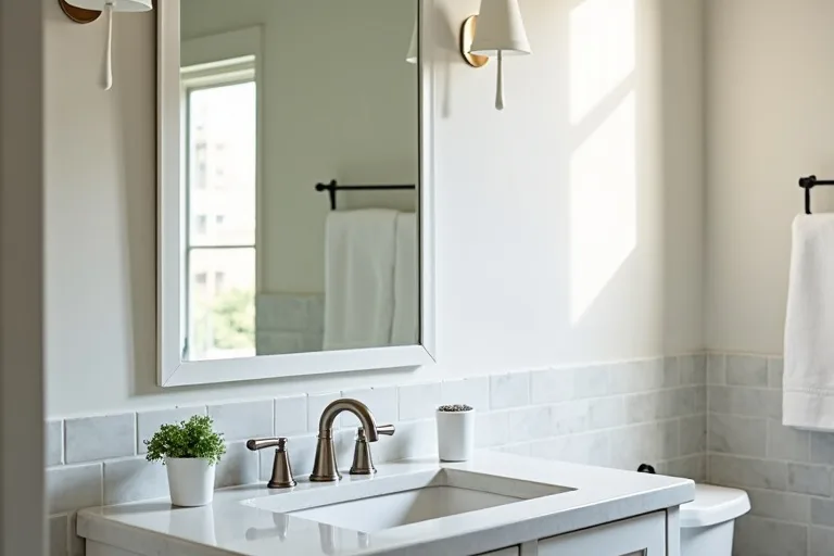 A finished bathroom vanity scene showing how mirror, faucet, and accessories can be planned as one small project.