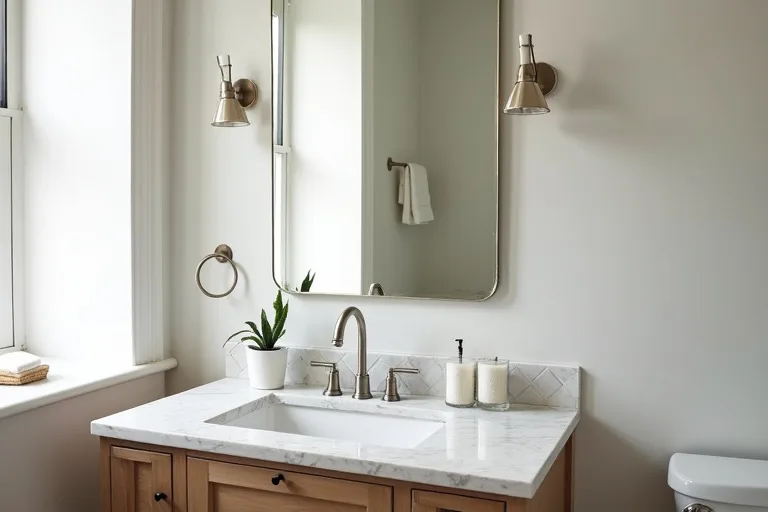 A calm bathroom vanity with a mirror above the sink and brushed nickel faucet in a realistic home interior.