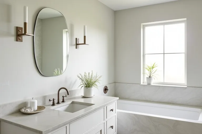 A simple bathroom mirror above a vanity showing the kind of wall setup to plan before buying accessories.