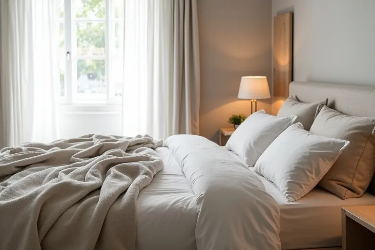 A neutral bedroom corner showing simple styling choices that make the room feel calmer.