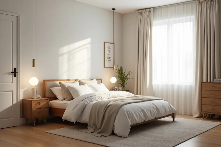 A bedroom layout that keeps the bed centered with clear space for walking on both sides.