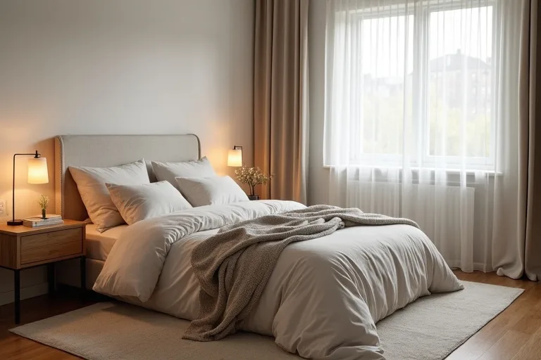 Close view of a cozy bed with neutral bedding and a textured throw