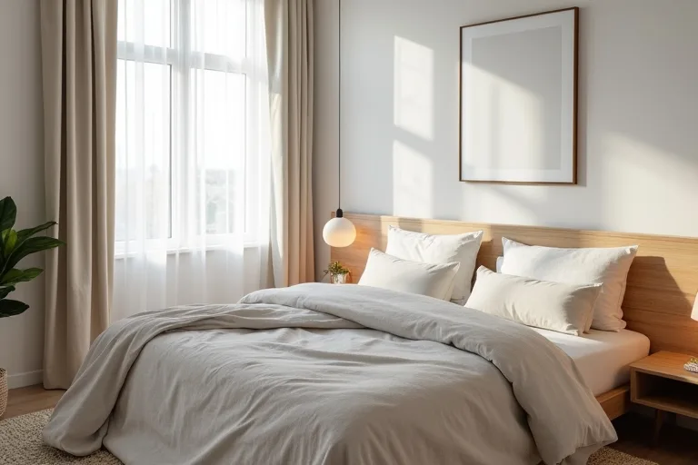 A lived-in bedroom with soft bedding, warm light, and simple layered textures.
