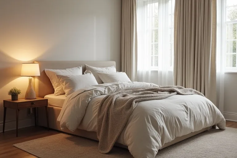 A cozy neutral bedroom with layered bedding, warm lighting, and a calm lived-in feel