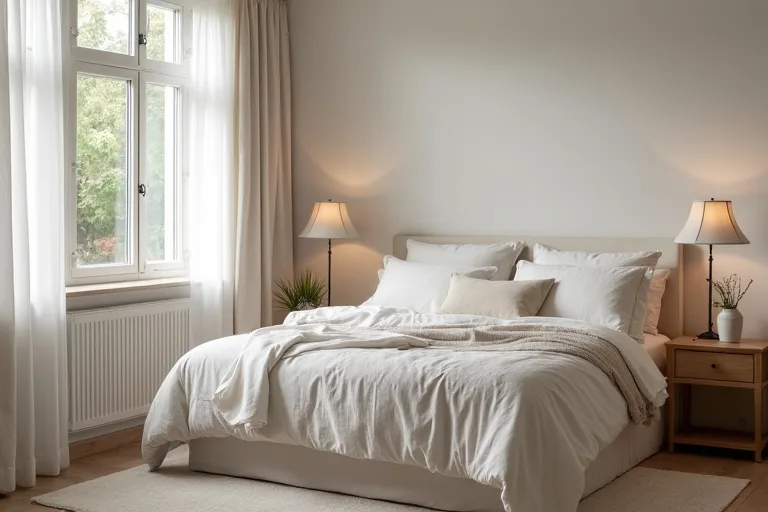 A practical bedroom setup with balanced proportions and soft natural textures.