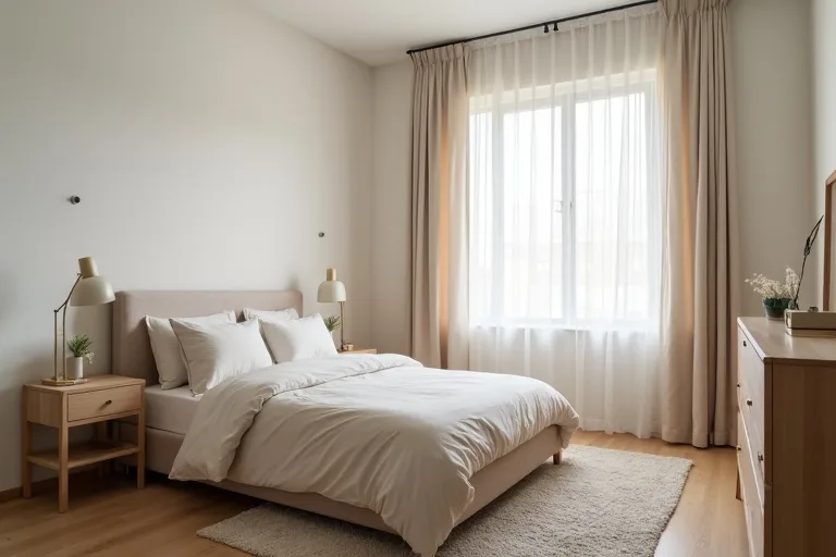 A calm, realistic bedroom with a smart layout that leaves clear walking space around the bed.