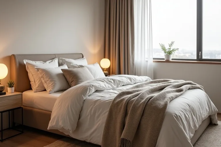 A warm bedroom scene showing soft neutral layers and natural window light