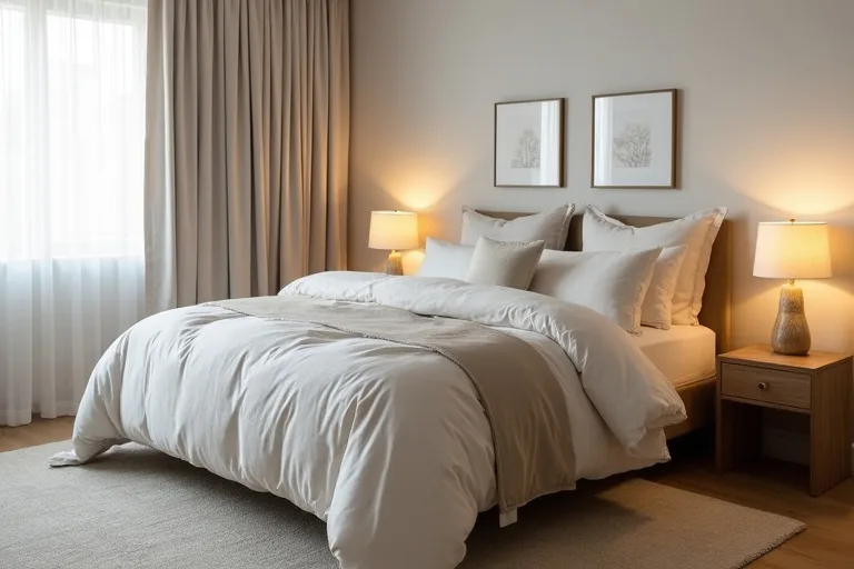 Soft lighting and curtain placement helping a bedroom feel calmer, balanced, and more finished.