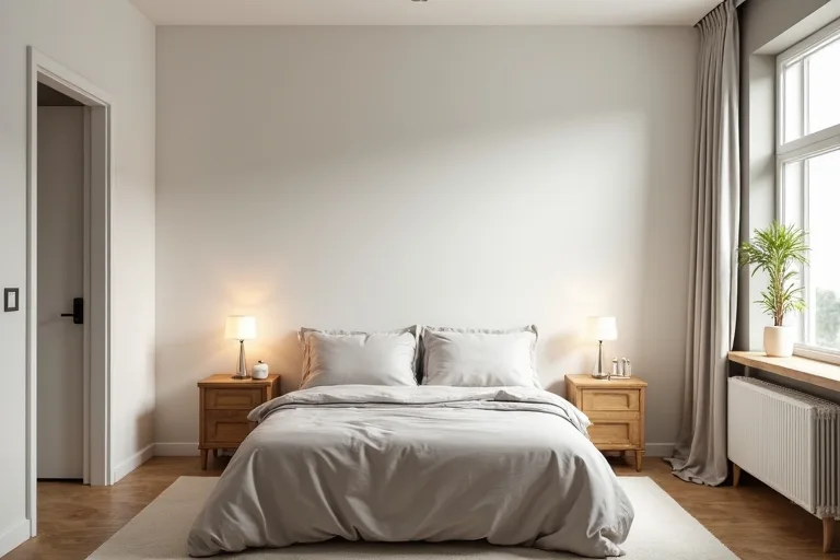 A bedroom with furniture placed to avoid blocking the door swing and window area.