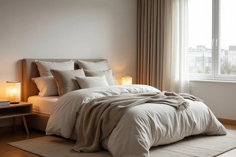 A simple bedroom corner with soft curtains, a bedside lamp, and uncluttered surfaces